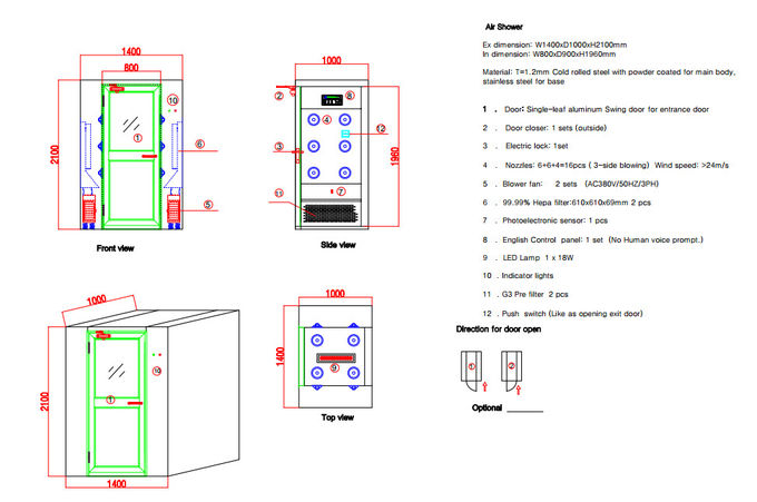 Chuveiros de ar verticais do quarto desinfetado com controle de portas de alumínio do balanço pelo painel de controle de IC 0