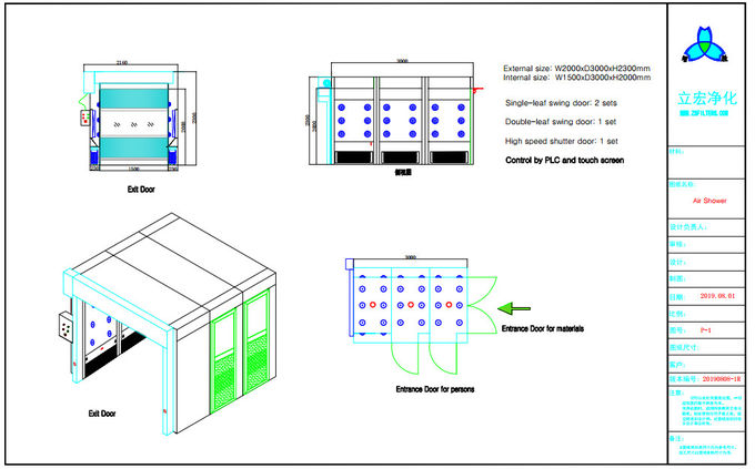 Chuveiro de ar para pessoas e materiais com as 4 portas controladas pelo PLC e pelo tela táctil 3